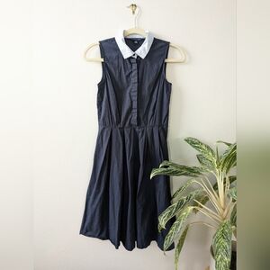 Navy Blue Sleeveless Dress with Striped White Collar